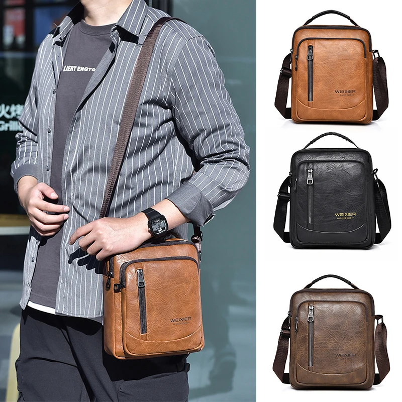 Male Shoulder Briefcase for Man PU Leather Tote Handbag Messenger Crossbody Designer Porter Side Phone Pouch Sling Cross Bag