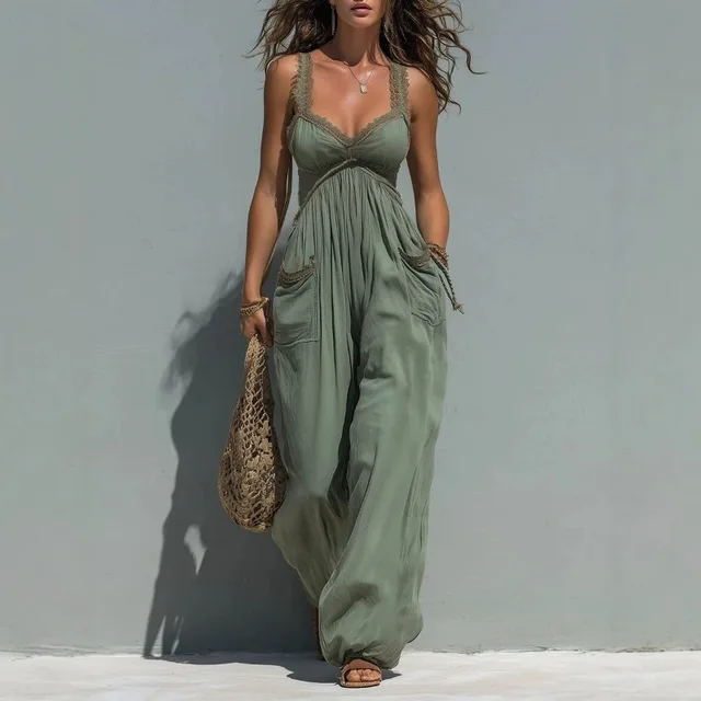 Mono de Mujer Estilo Boho con Ribete de Encaje, Tirantes Finos, Cuello en V, Cintura Alta, Pantalones Anchos Plisados Tipo Harem, Casual y Holgado con Bolsillos