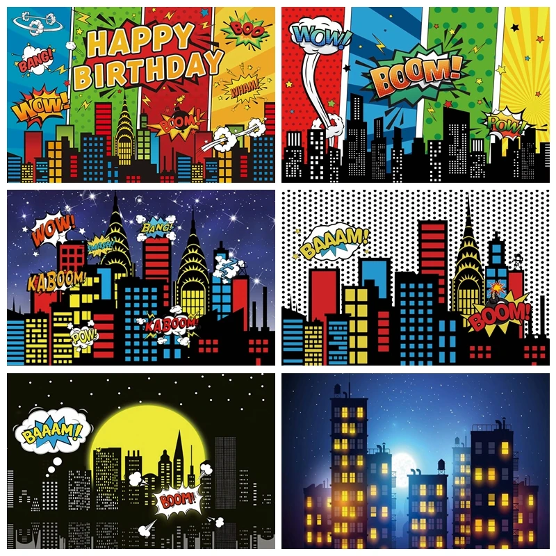 Superhero Baby Shower Birthday Backdrop City Building Super Hero Party Photography Background Photo Studio Custom Name Banner