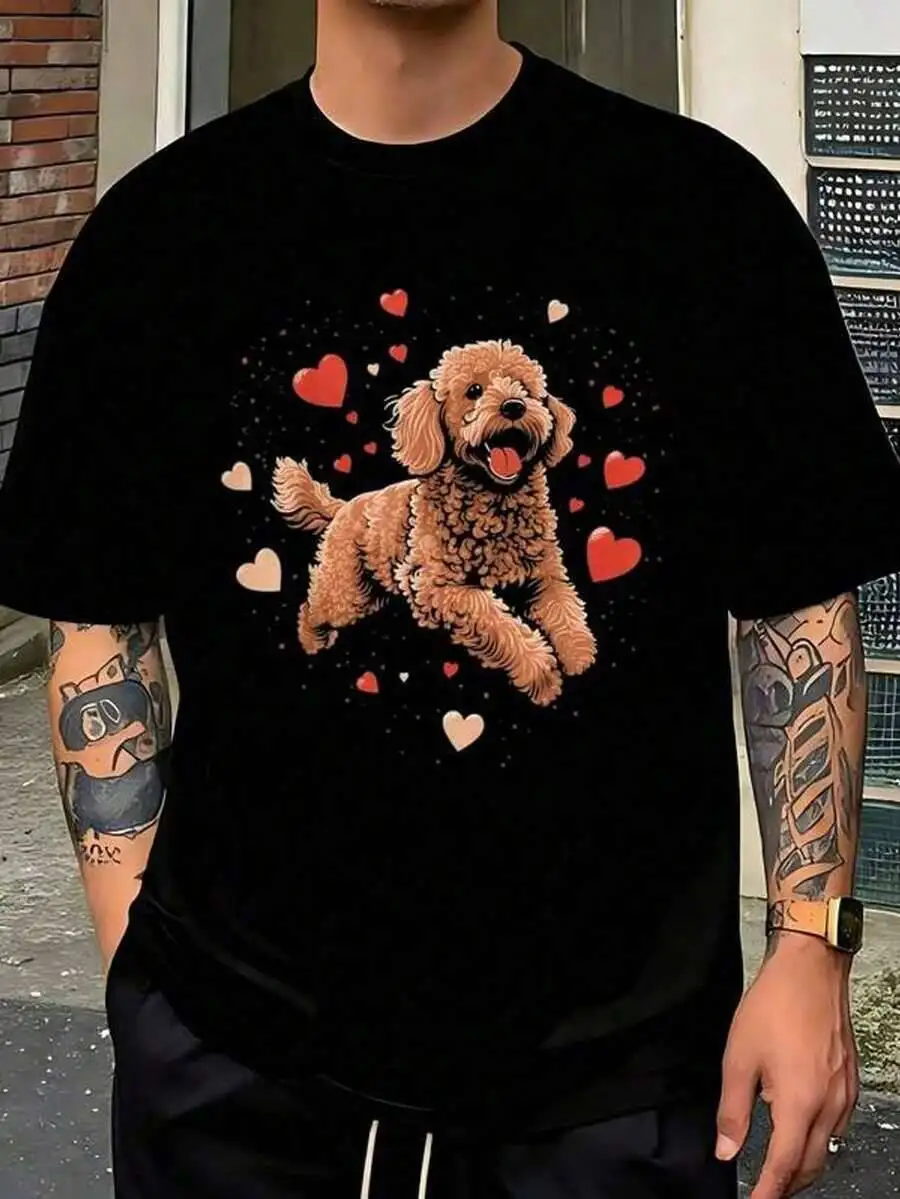 Men's T-Shirt Goldendoodle Love Heart On Golden Doodle Lover-Shirt 100% Cotton Trendy Y2K Short-Sleeve Tee-Soft, Quick-Drying,