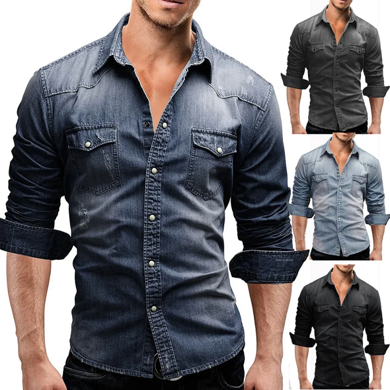 

Faionable Retro European Size Long Sve Men's Denim irt Outerwear Large Size Stand Fit Youth Trend Autumn Winter