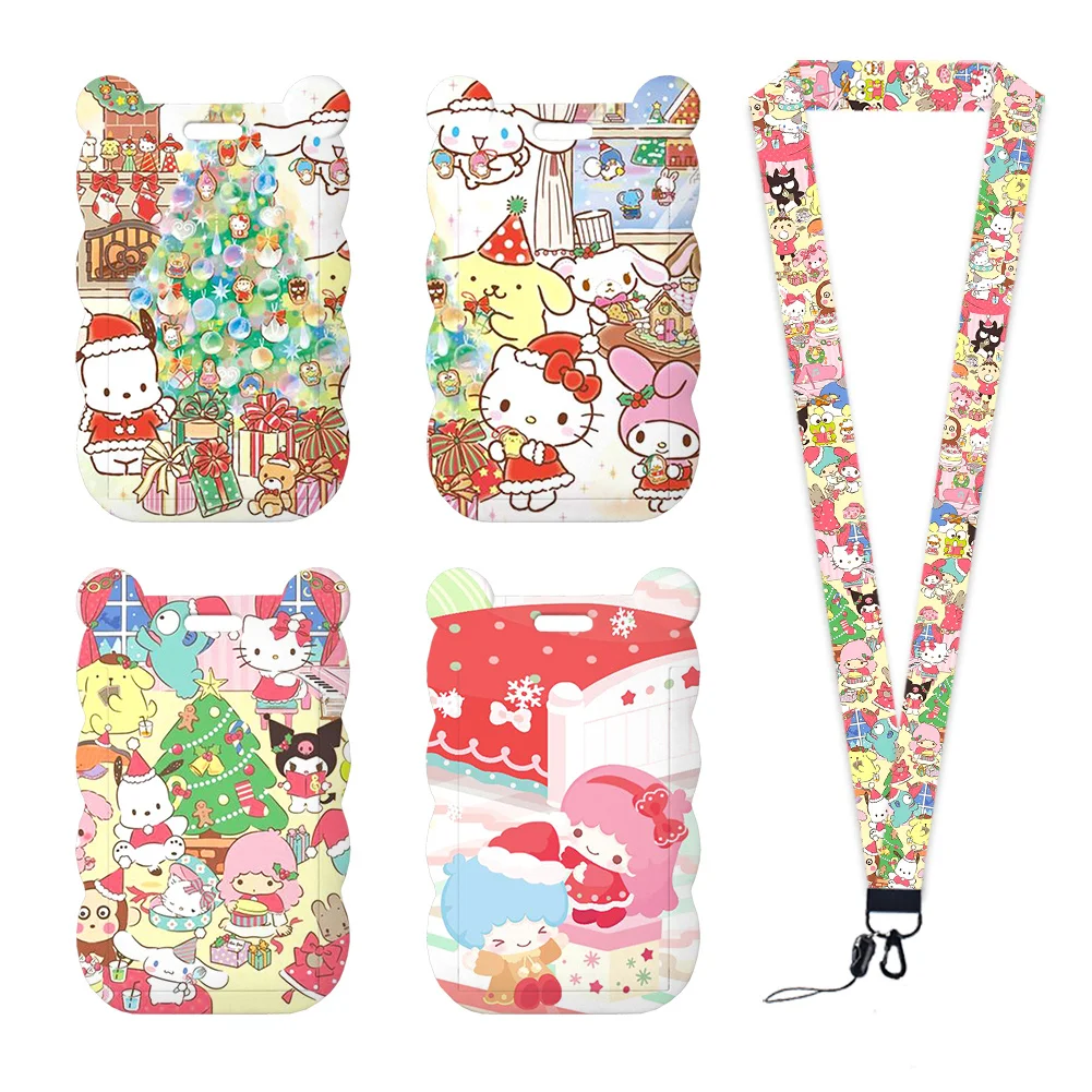 Porte-carte de noël Hello Kitty Sanrio, Badge de travail, sangle de cou, bobine en acrylique à paillettes, protecteur de carte