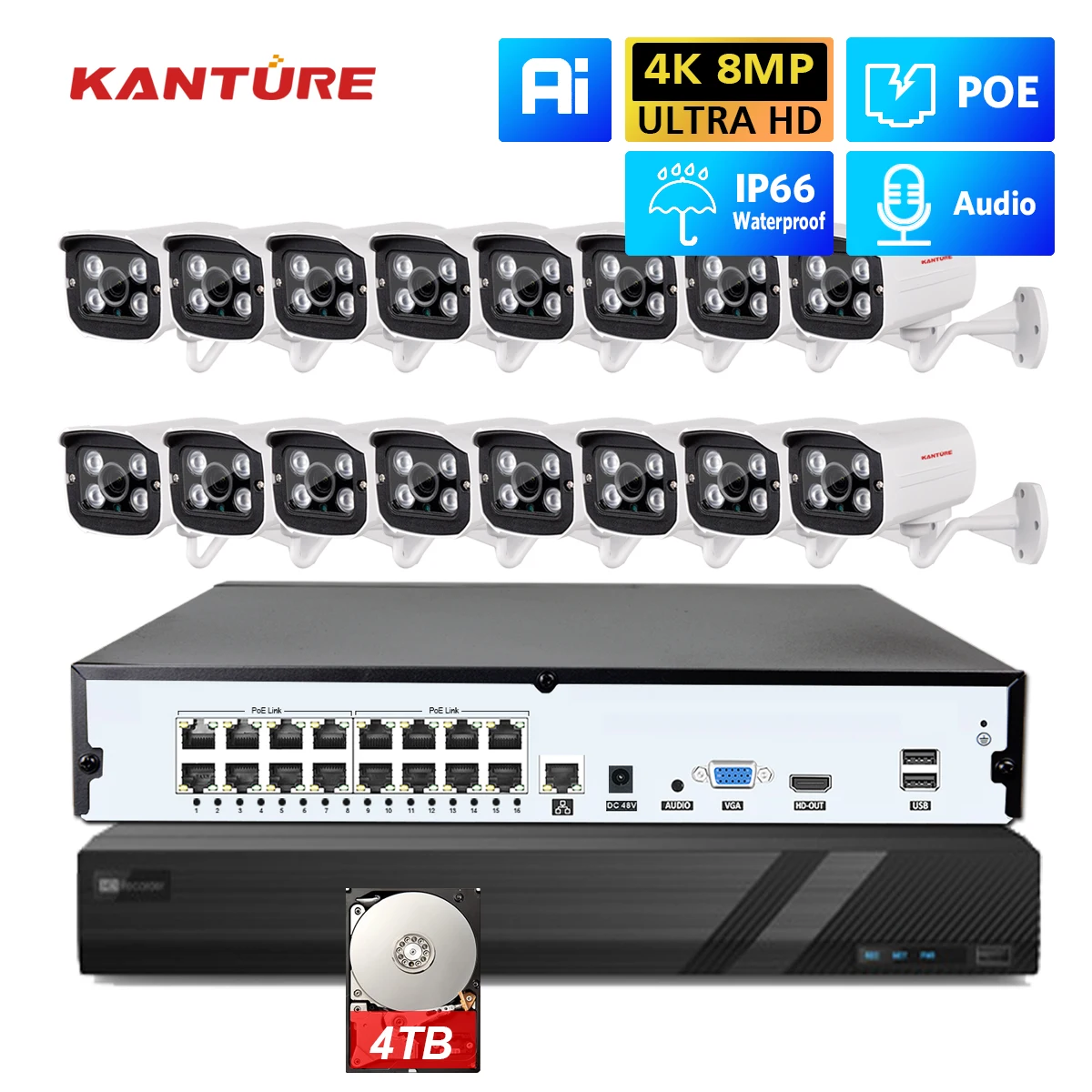 KANTURE 16CH NVR System 4K Ai Human Detected POE Security Camera 8MP Audio Record Waterproof Outdoor CCTV Video Surveillance Kit