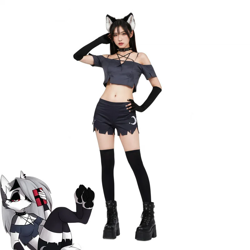 Anime Helluva cos Boss Loona Loony cosplay costume Toony women's neck vest shorts set black uniform set Halloween party costume view 6