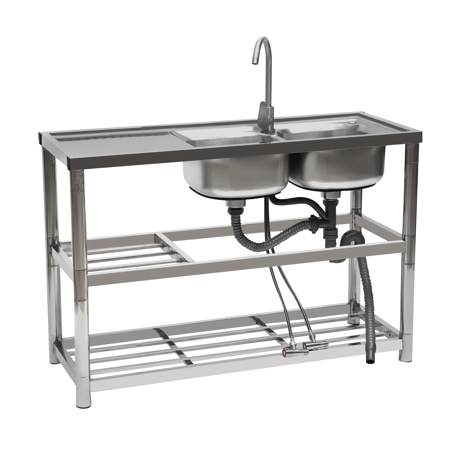 2 Compartment Commercial Sink Stainless Steel Kitchen Utility Sink w/ Prep Table Cold & Hot Water For Garages, Basements
