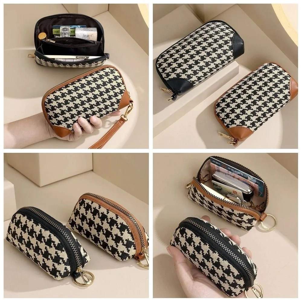 Portable Pu Leather Long Style Wallet Canvas Printing Houndstooth Zipper Purse Handbag Coin Purse Square Change Purse Girls