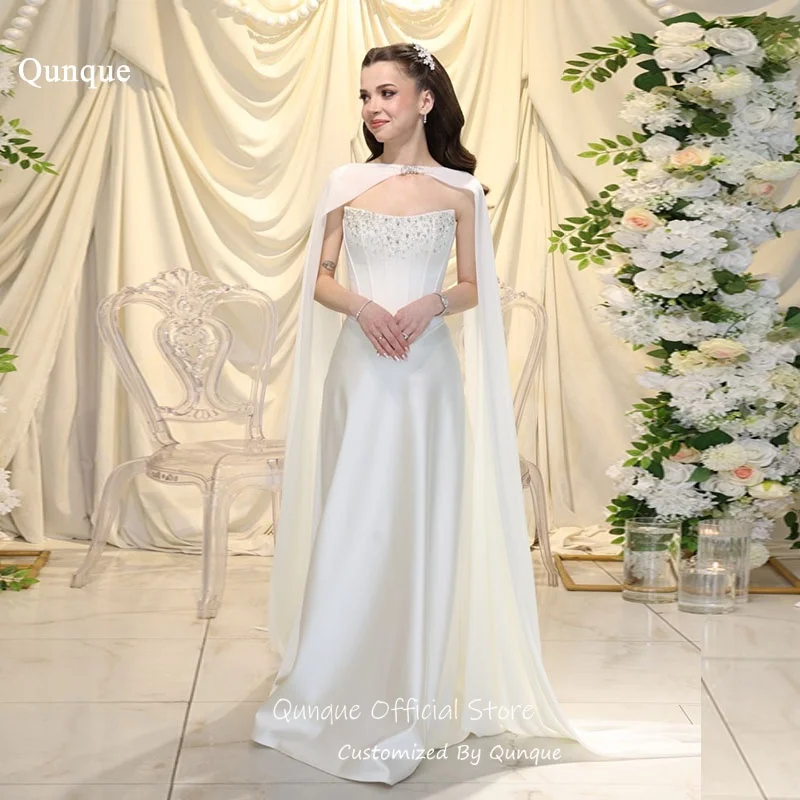 

Qunque A Line Beaded Crystal Wedding Dress Strapless Women Ribbons Evening Dresses Luxury Satin Vestido De Novia Boda Customized