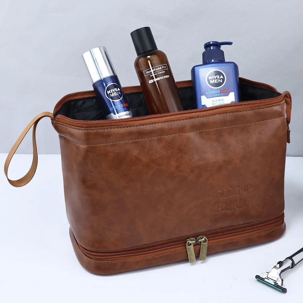 Men Business Travel Wash Toiletry Bag Waterproof PU Leather Bathroom Shaving Tools Organizer Bag Makeup Pouch Women Cosmetic Bag