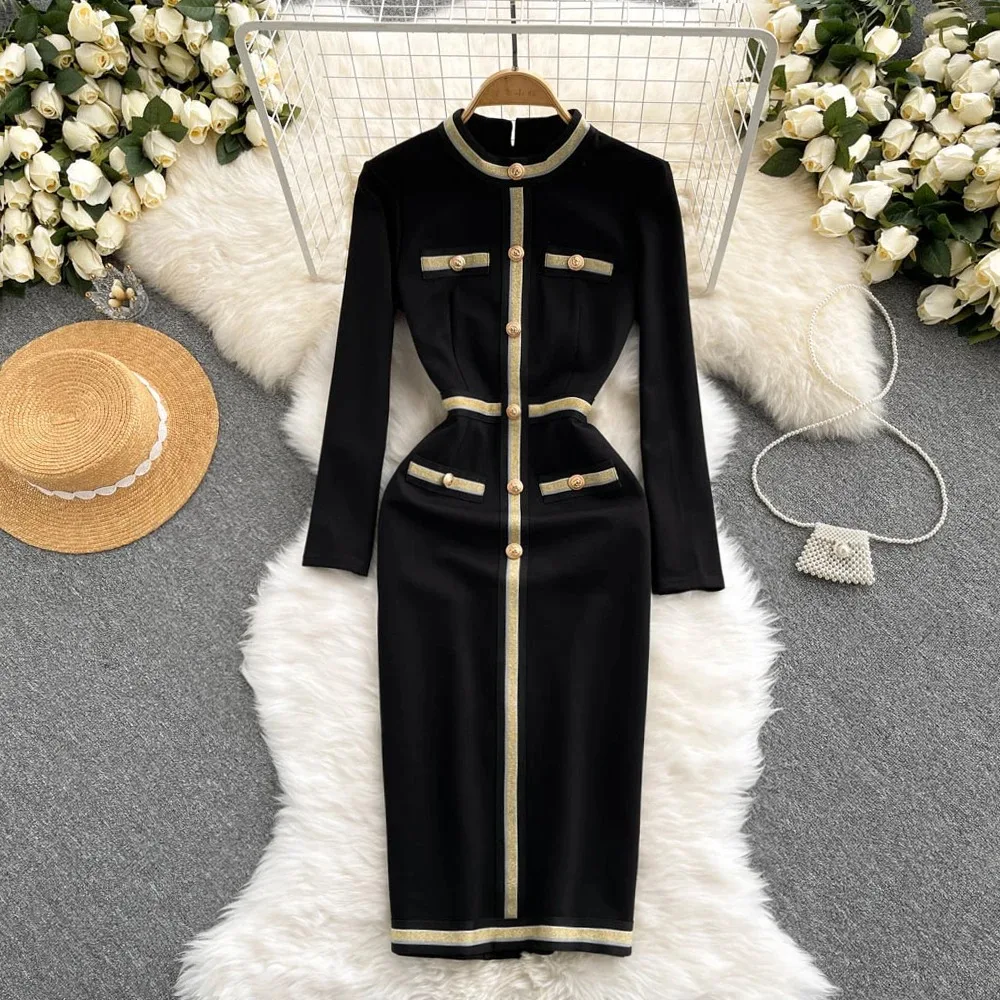 Women Long Sleeve Sexy Slim Bodycon Split Dress Vintage French Fashion Knit Tight Vestido Elegant  Autumn Winter Sweater Robe