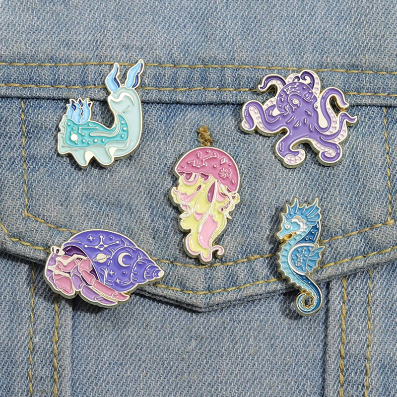 Cute Sea Creatures Enamel Pins Custom Seahorse Octopus Conch Brooches Lapel Badges Animal Jewelry Gift for Kids Friends