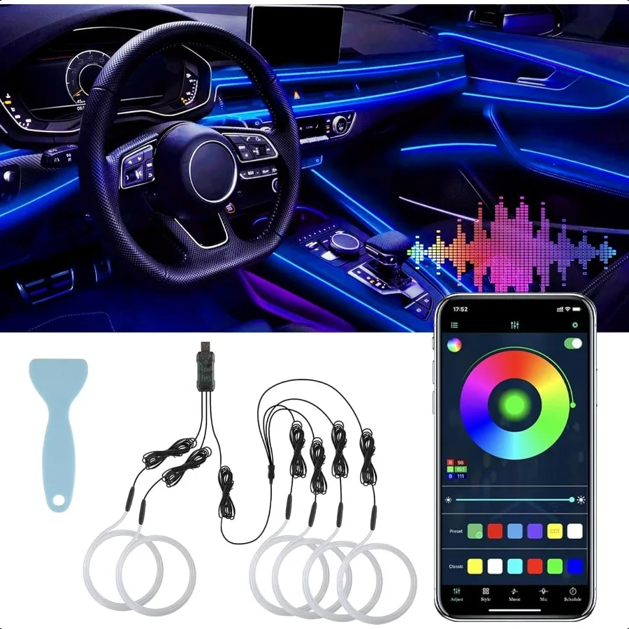 

Smart LED Car Lights Interior with USB Port LED Strip Fiber Optic Ambient Lighting Car Wirel App Control Sync to Music Car Deco