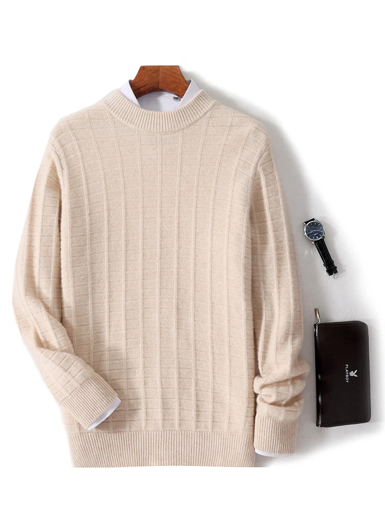 2024 New 100% Merino Wool Men's Sweater Mock-Neck Pullovers Soft Warm Plaid Casual Autumn Winter Thickened Basic Clothes Tops