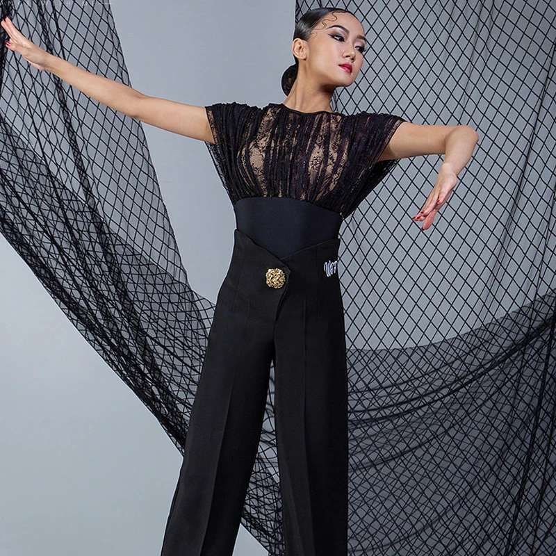 Modern Dancing Top For Women Waltz Ballroom Dance Tops Black Lace Latin Dancing Top Stage Performance Practice Wear SL8322