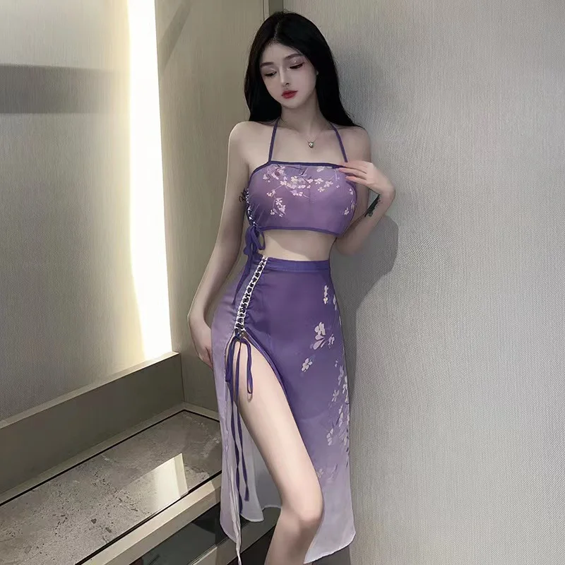 2pcs Sexy Printed Slim Long Summer Cross Sling Wrap Hip Dress Set Women Purple See-through Split Nightgowns Maxi Skirt