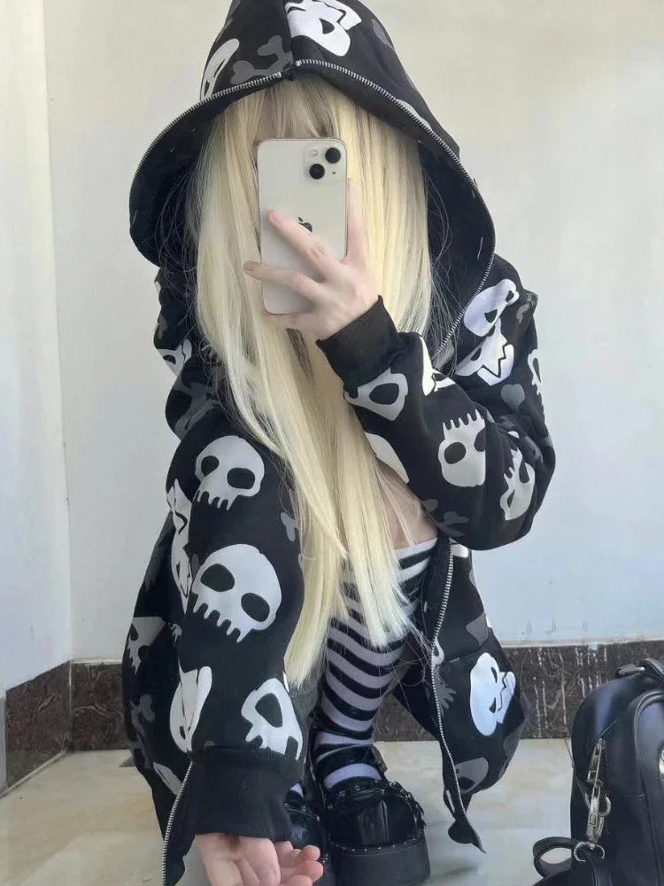 HOUZHOU Harajuku Grunge Vintage Zip Up Hoodies Women 2023 Gothic Skull Print Japanese Fashion Sweatshirt Streetwear Y2k Clothes