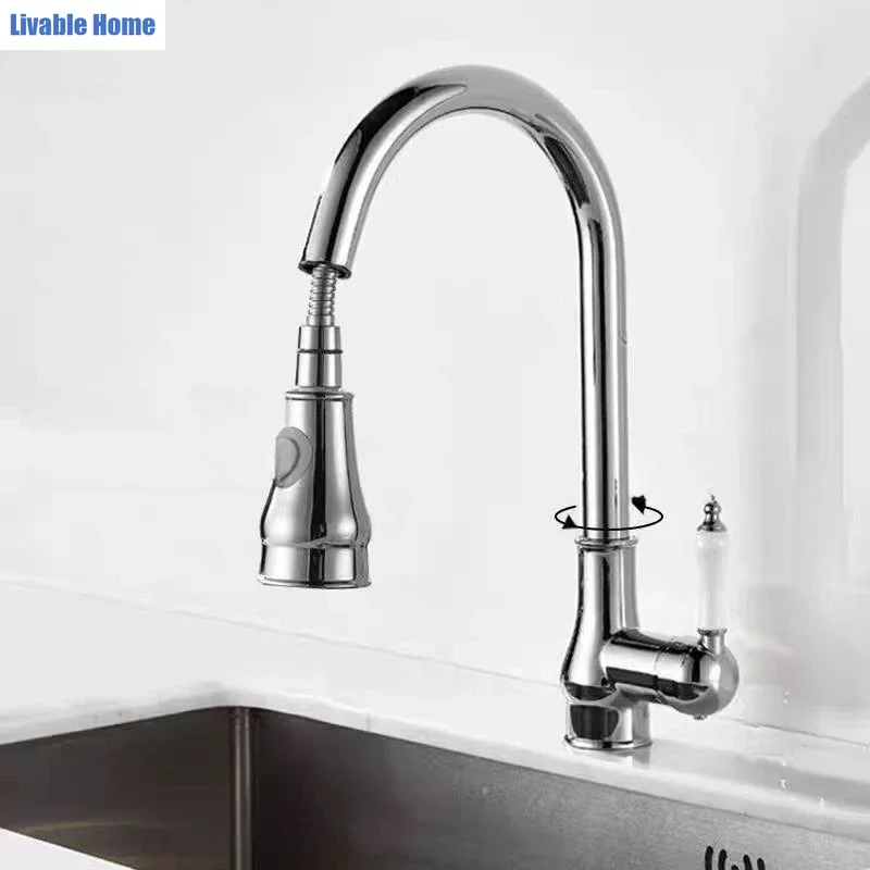 French Retro Brass Light Luxury Pull Out Kitchen Faucet Hot Cold Splash Proof Water Tap Household Kitchen Sink Washing Basin