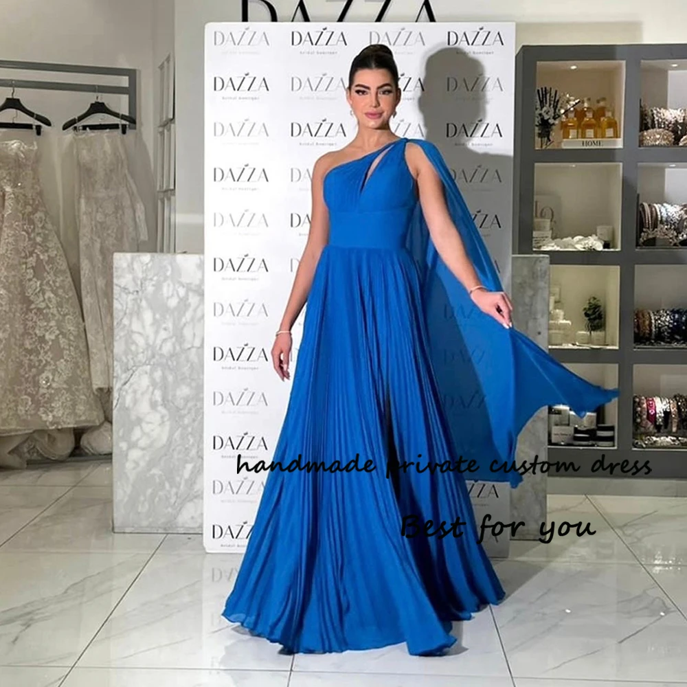 

Blue Pleats Chiffon Evening Dresses One Shoulder Arabian Dubai Prom Party Dress with Slit Floor Length Formal Evening Gowns