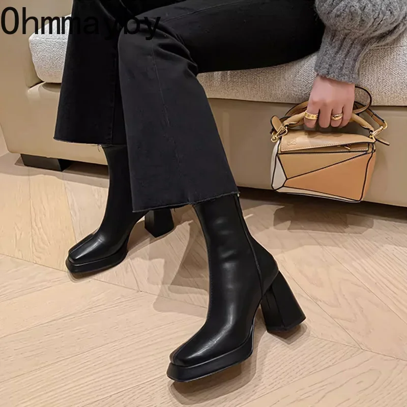 Vintage Square Toe Women Ankle Boots Fashion Back Zippers Short Booties Autumn Winter Laides Concise Largas Booties