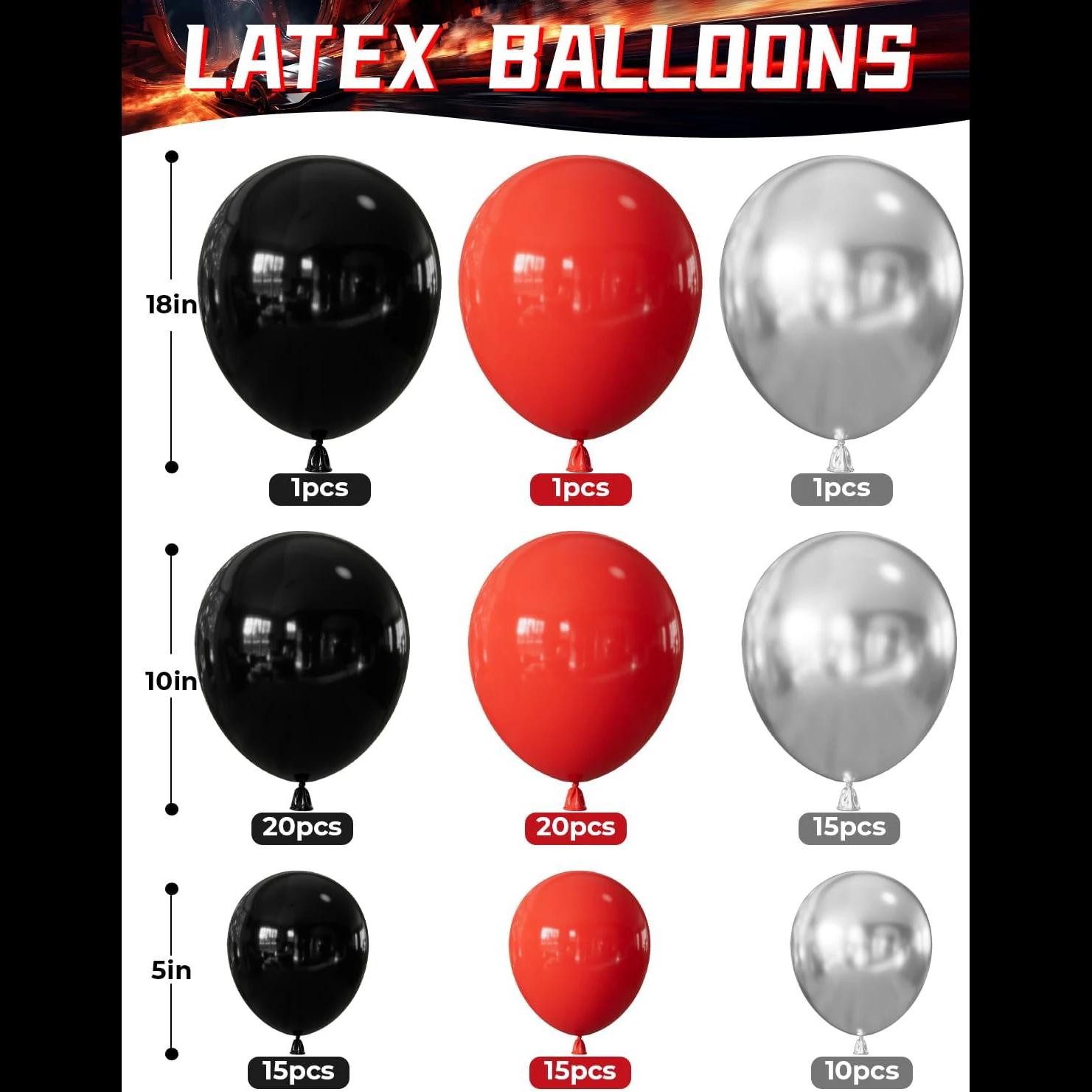 Race Car Balloon Arch Garland Kit:  Red Black Silver，Checkered Flags & Wheels Balloons, Racing Themed Birthday Party Supplies - view 2