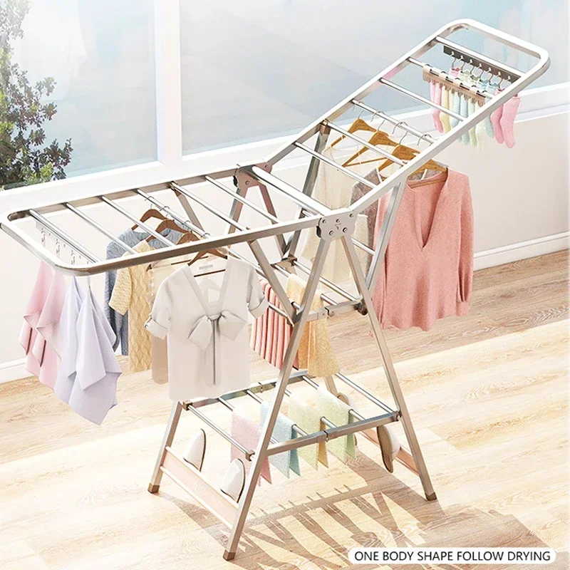 Stainless Steel Clothes Hanger Floor Folding Bedroom Balcony Clothes Hanger Household Baby Clothes Hanger Quilt Drying Artifact