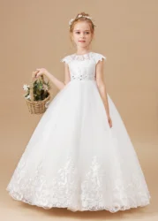 Appliques Princess Flower Girl Dress For Kids Wedding Ceremony Prom Night Evening-Gown First Communion Banquet Ball Celebration