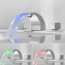 SKOWLL Waterfall Bathroom Sink Faucet LED Widespread Bathtub Faucet 3 Hole Basin Faucet with 3 Colors Change HG-1181DC, Chrome