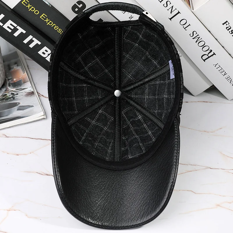 X7040 Adult Baseball Cap Outdoor Sunshade Hat Sheep Leather Hats Cashmere Leather Cap Male Card Pattern Printed Leather Caps