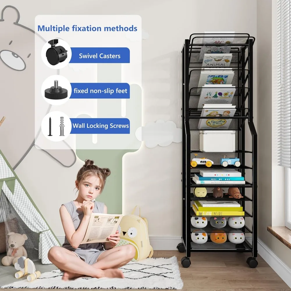 Carrinho de arquivo rolante de 12 camadas com bandejas deslizantes, armazenamento de malha metálica para escritório, casa, escola - preto