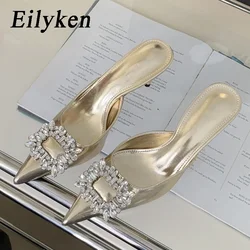 Eilyken New Fashion Crystal Thin Heels Mules Women Slippers Elegant Pointed Toe Banquet Party Prom Ladies Shoes