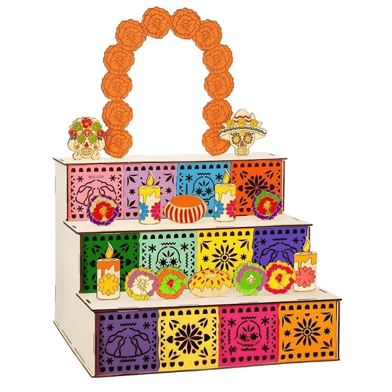 Day of the Dead Wooden Altar Display Set 3-Tier Seasonal Decoration with Marigold Skull Home Living Room Mantel Ornaments