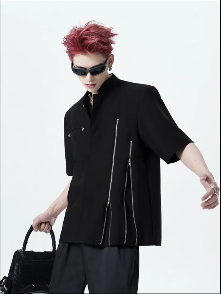 

New Chinese short sleeve shirt coat men's senior men's stand collar zipper design feeling shoulder pad shirt fashion