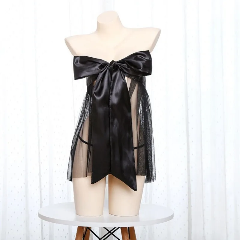 

Black Nightdress Sexy Mesh Chest Bow Tube Top Dress Uniform Costume Women Wedding Night Bridal Pajamas Lingerie Cosplay
