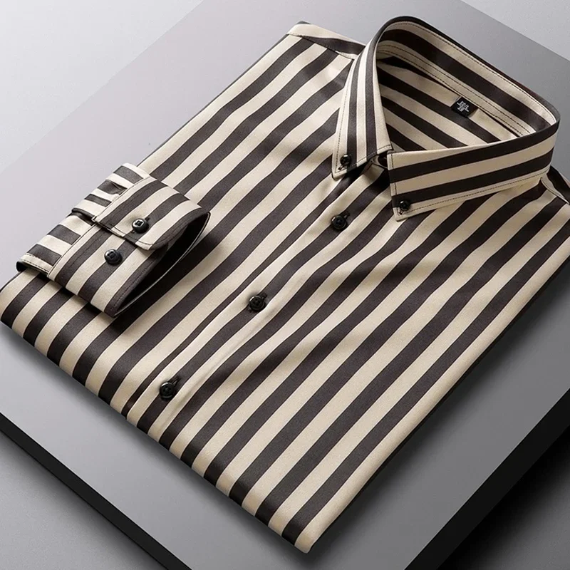 

BROWON Brand 2025 Spring Casual Shirt for Men Contrast Color Striped Business Men Shirt Slim-fit Long Sleeve Chemises Hommes