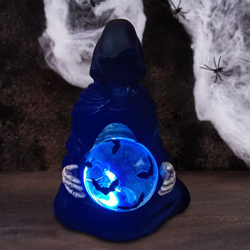 Les dieux de la mort boule de cristal Halloween Grim Reaper Statue avec des chauves-souris volantes boule de cristal Figurine gothique Grim Reaper Figurine