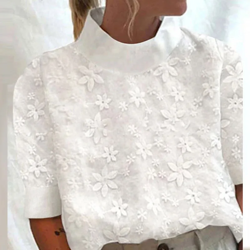 Spring Stand-Up Collar Lace Cotton Top Women Casual Linen Solid Color 5/4 sleeved casual shirt Women\'s Retro Lady Office T shirt