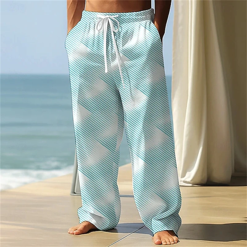 Men's Relaxed-Fit Trendy Striped Drawstring Pants Casual Sports Pants Lightweight Wide-Leg Pants for Outdoor Vacations