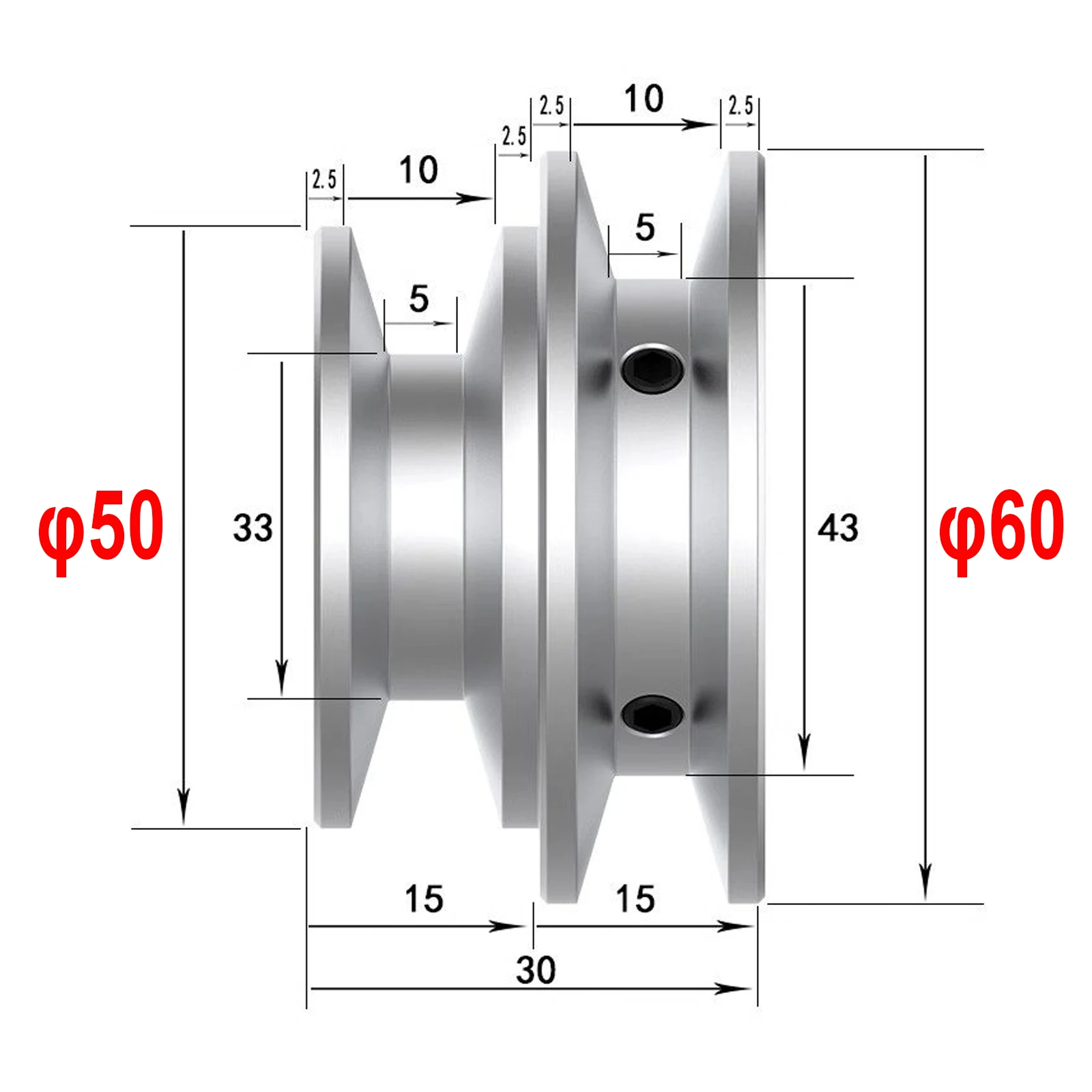 φ60mm/50mm Aluminum Alloy Double V-Groove Motor Drive Pulley for O/Z-Section V-Belt