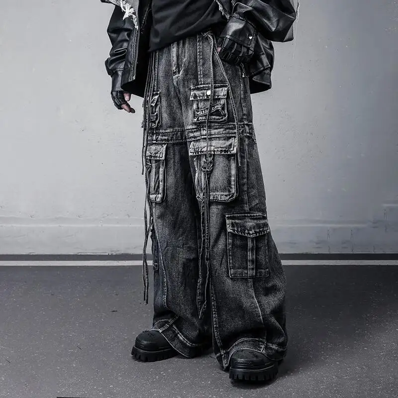 MWJLPWQ Uique Washed Vintage Punk Rivet Jeans Men's Fuctional Multi-Pocket Streetwear Tide Loose Straight-Leg Cargo Pants 12092