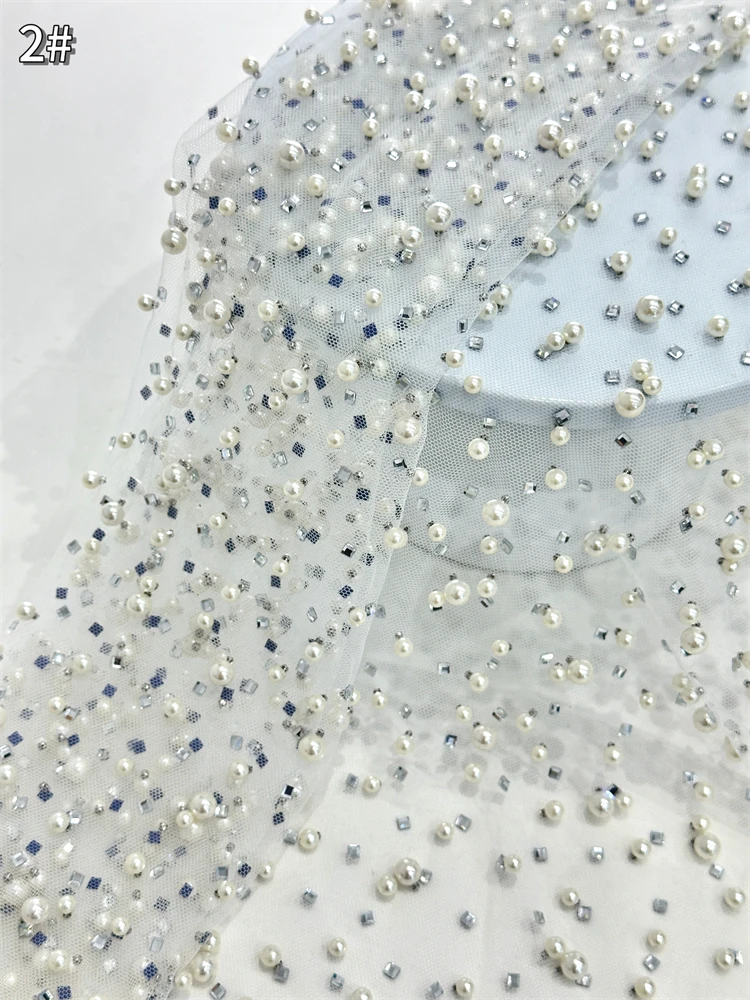 Tessuto di pizzo con perline pesanti per abito da sera, ricamo di pietre fatte a mano, cristallo da sposa, tessuto di pizzo francese di lusso, 2025