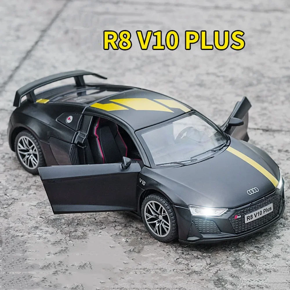 1:32 AUDI R8 V10 PLUS Sport Cars Alloy Diecast Toy Miniature Model with Light Sound Pull Back Vehicles Children Educational Toys