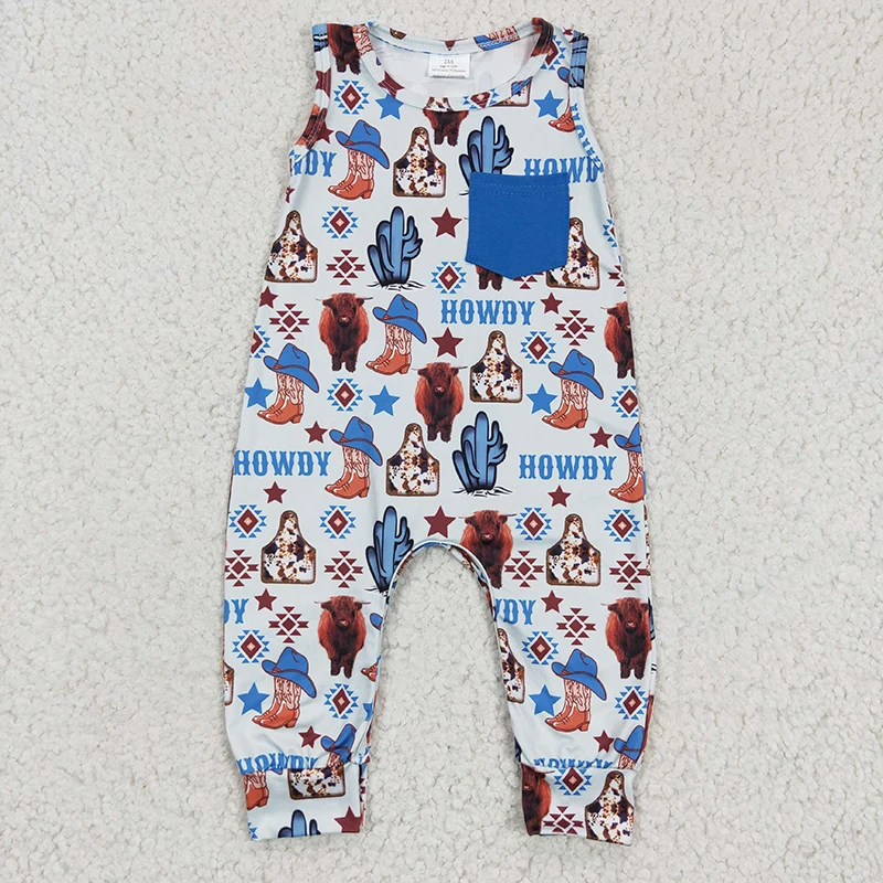 

Baby Boy Western Howdy Cow Romper Sleeveless Pocket Bodysuit Cotton Snap Botton Jumpsuit Kids Toddler One-piece Cactus Clothes