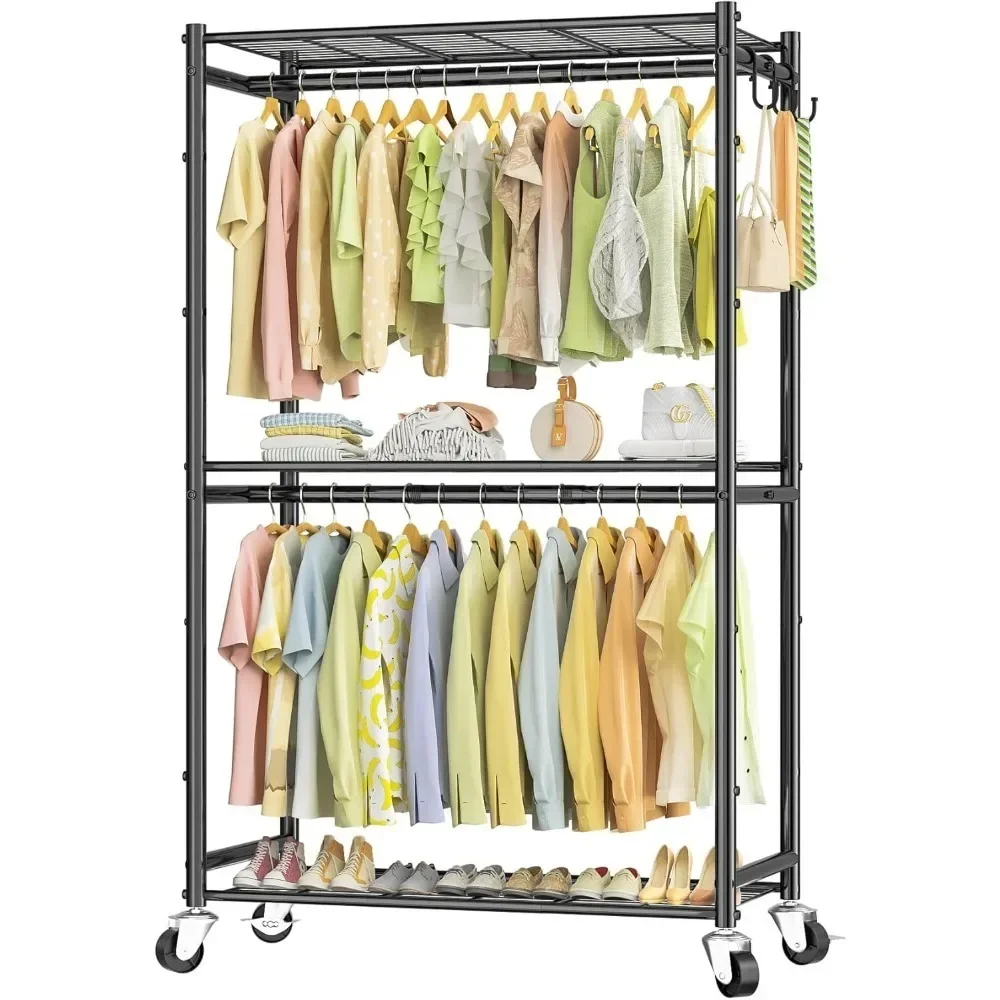 

Rolling clothes hanger for hanging clothes, metal clothes hanger with 3 metal wire racks, portable wardrobe on wheels