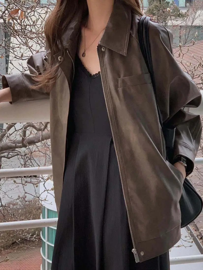 Sli PU Leather Jaet Women's Chic Retro Collar Loose Versatile BF Sle Motorcycle Clothes Trendy Long Sve Zipper