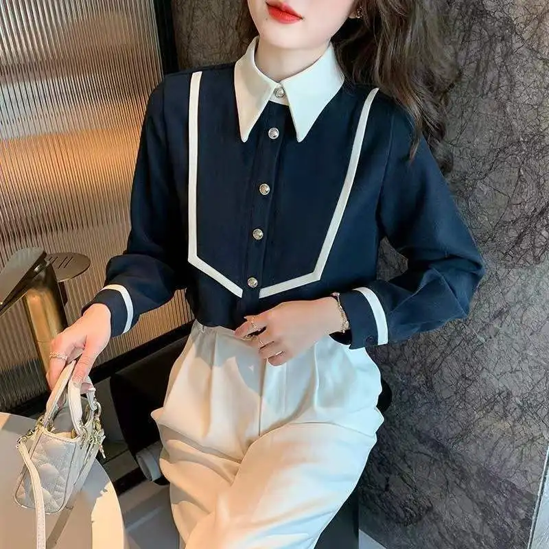 2024 Spring Autumn New Corduroy Retro POLO Collar Long Sleeve Shirt Women\'s Fashion Color Blocked Aging Temperament Top Trendy