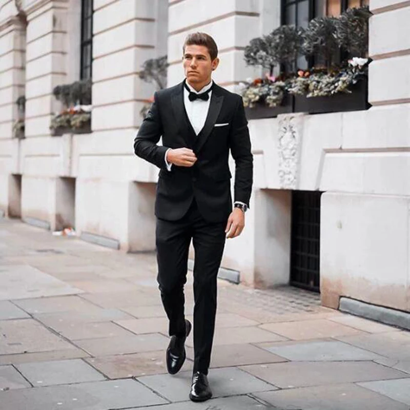 

Handsome Black Wedding Tuxedo Men Suit Peaked Lapel Slim Fit Two Button Groom Wear Formal Party Prom Blazer (Jacket+Vest+Pants)