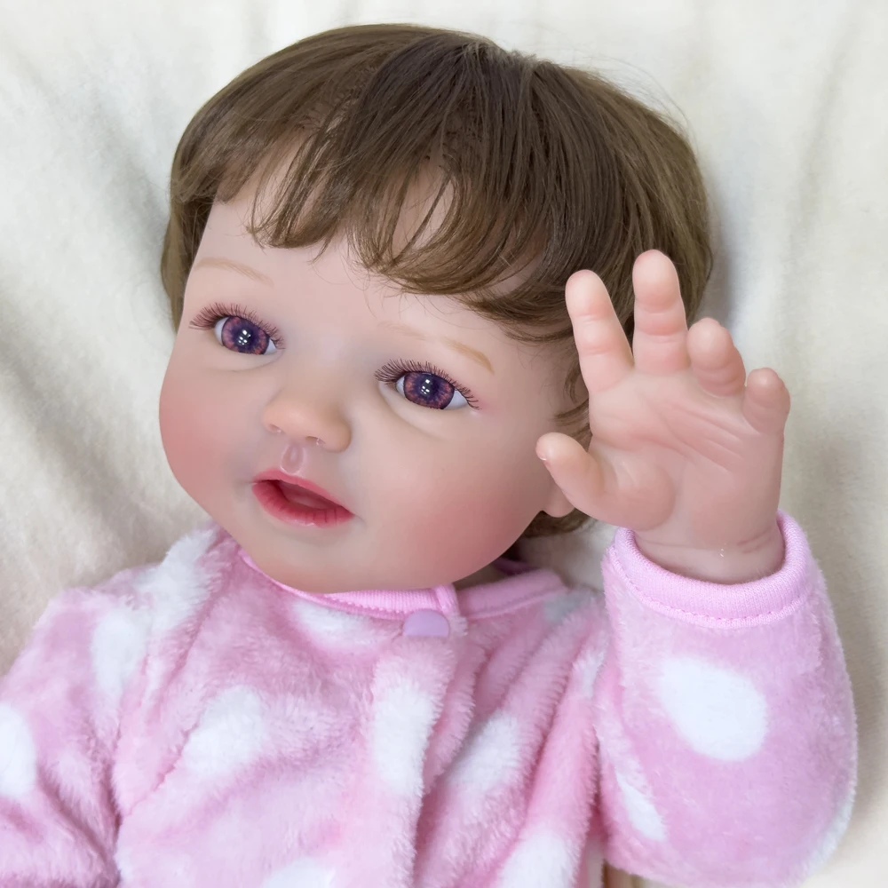دمية أطفال من الفينيل ريبورن مقاس 18 بوصة، زي وردي قطيفة، تعبير لطيف، عيون رائعة، جسم قابل للتمرين، شعر متجذر يدويًا، صندوق ألوان