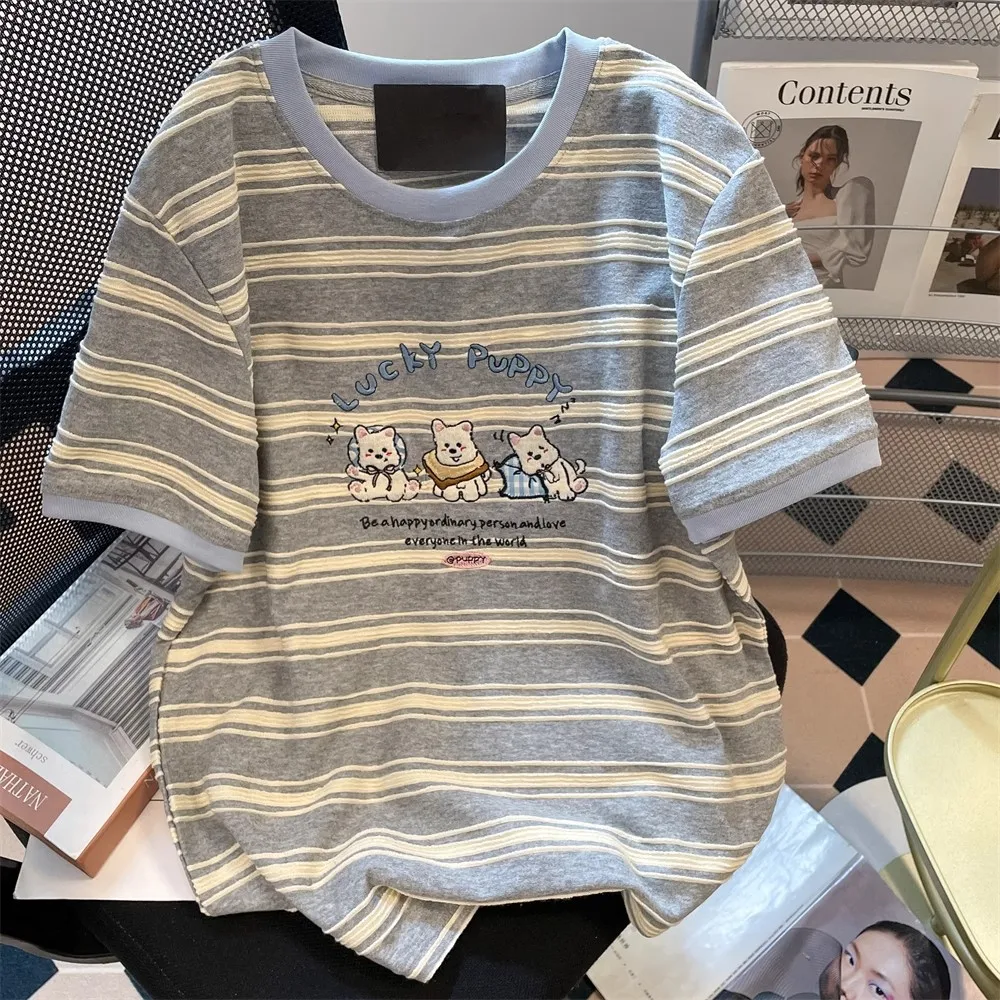 

Женская футболка из чистого хлопка с вышивкой в виде собаки, летняя, повседневная, удобная, для ношения под одеждой