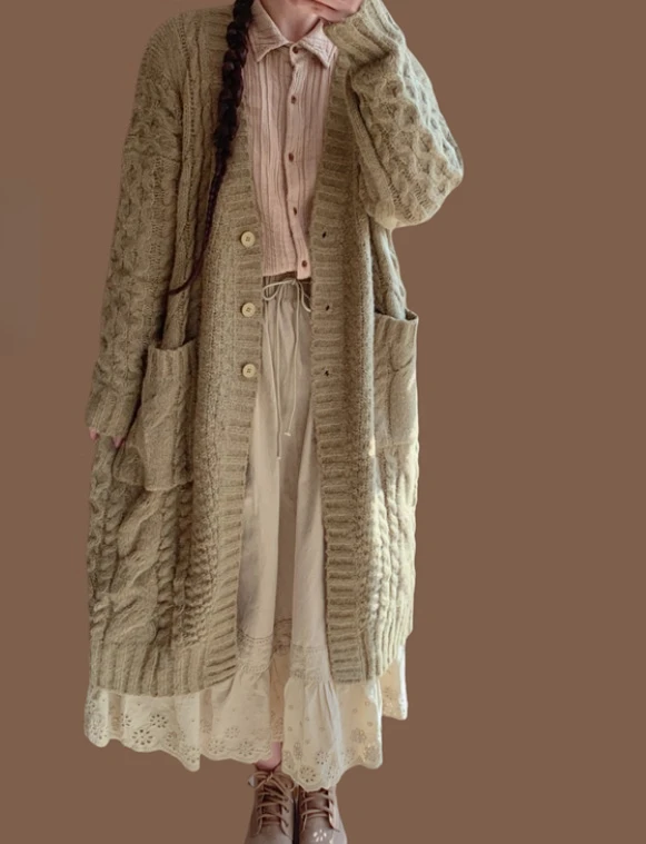 가을 겨울 일본식 우아한 레트로 두꺼운 롱 스웨터 가디건 패션 소녀 루즈핏 나이 감소 V넥 니트 울 스웨터