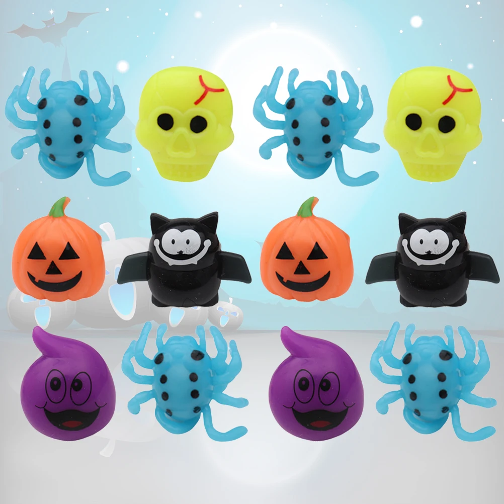 

12Pcs LED Finger Halloween Flashing Pumpkin Skull Bat Spider Patterns Glow Toys Party Props Kids Adults