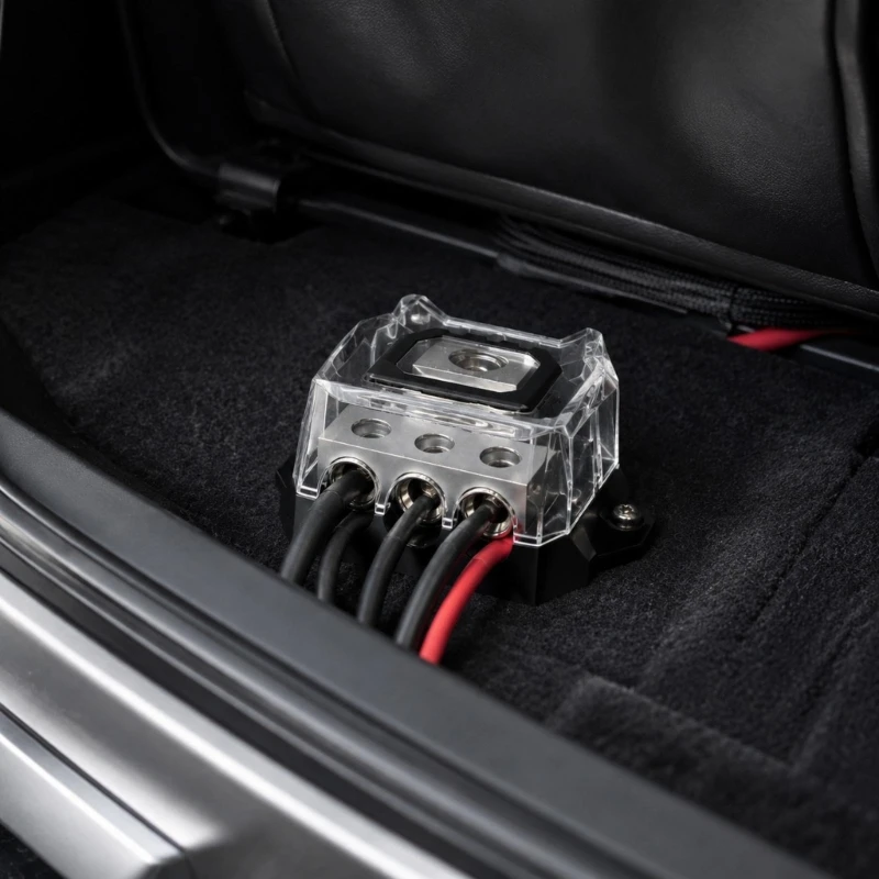 Car Amplifier Ground Distribution Block with Clear Protective Cover and Screw Clamp Terminals for Wiring Layouts